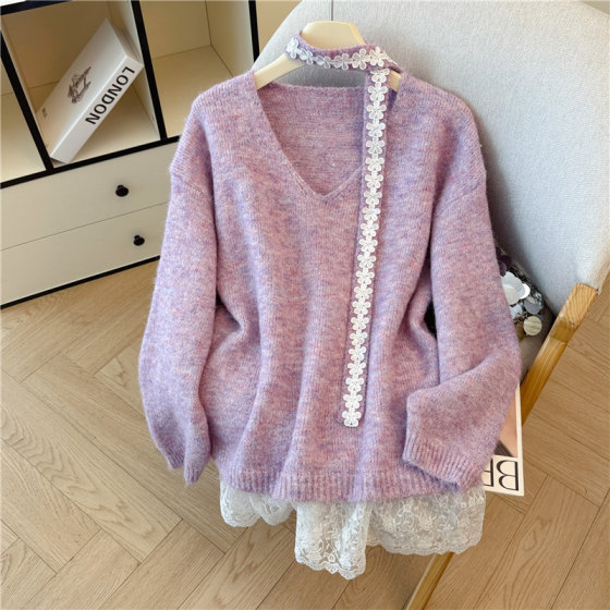 Real shot of super nice-looking ribbon halter neck V-neck right shoulder long-sleeved sweater for women in autumn and winter two-piece mid-length sweater 
Real shot of super nice-looking ribbon halter neck V-neck right shoulder long-sleeved sweater for women in autumn and winter two-piece mid-length sweater