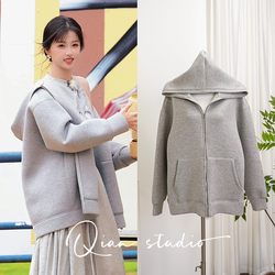 Yu Shuxin's same style gray sweatshirt jacket Korean style loose lazy style space cotton autumn and winter sweatshirt top cardigan for women Yu Shuxin's same style gray sweatshirt jacket Korean style loose lazy style space cotton autumn and winter sweatshirt top cardigan for women