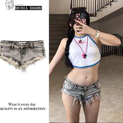 Women's washed vintage raw edge ultra short jeans Women's washed vintage raw edge ultra short jeans