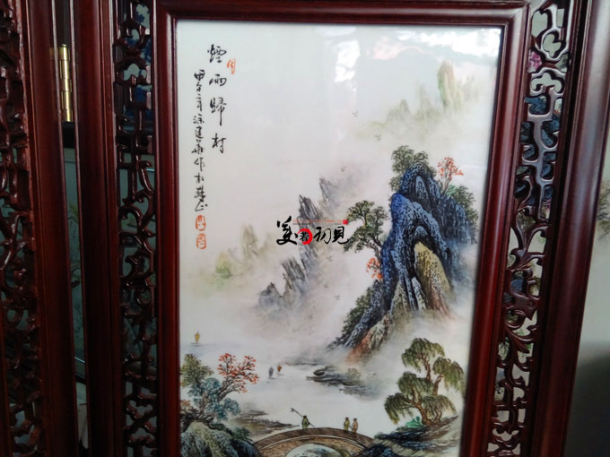 景德镇陶瓷板画仿古名家手绘四扇屏落地瓷画挂画屏风画中堂装饰画