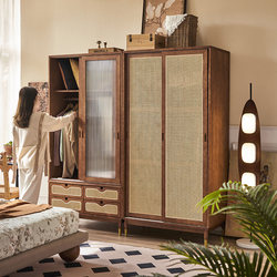 Nordic Rattan Wardrobe Combination for Small Apartments, Sliding Door Storage Cabinet, Integrated Wall-Mounted Floor-To-Ceiling Wardrobe for Guesthouses Nordic Rattan Wardrobe Combination for Small Apartments, Sliding Door Storage Cabinet, Integrated Wall-Mounted Floor-To-Ceiling Wardrobe for Guesthouses