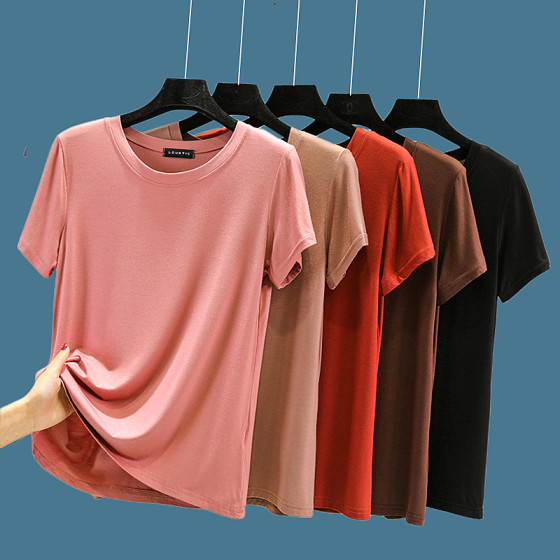 Modal thin solid color versatile round neck short-sleeved T-shirt for women in summer casual sports base top
Modal thin solid color versatile round neck short-sleeved T-shirt for women in summer casual sports base top