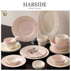 Harside Embossed High-Quality Tableware Set, Household Ceramic Bowls, Cream Style Housewarming Gift Box Harside Embossed High-Quality Tableware Set, Household Ceramic Bowls, Cream Style Housewarming Gift Box