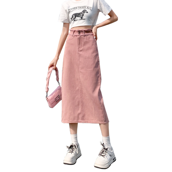 Dirty pink denim skirt for women with a slit mid-length design a-line fur-edged high-waisted small hip-covered skirt
Dirty pink denim skirt for women with a slit mid-length design a-line fur-edged high-waisted small hip-covered skirt