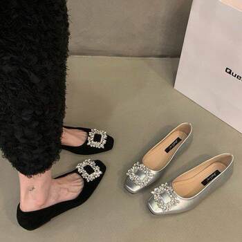 Flat silver high-end square toe rhinestone shoes for women 2025 new autumn black commuter square buckle beanie shoes 
Flat silver high-end square toe rhinestone shoes for women 2025 new autumn black commuter square buckle beanie shoes