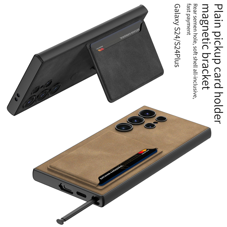 Business Synthetic Leather Card Holder Kickstand Wireless Charging Compatible S24, S24 Plus, S24 Ultra Samsung Phone Case