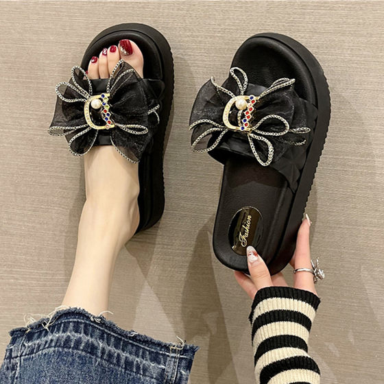 2025 new fashionable bow sandals for women in summer thick sole heightened beach wear anti-slip sponge cake flip flops 2025 new fashionable bow sandals for women in summer thick sole heightened beach wear anti-slip sponge cake flip flops