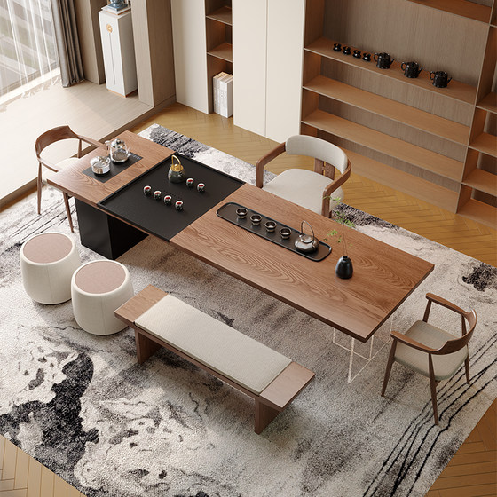 Boss' office solid wood tea table and tea tray integrated tea table and chair combination modern simple home tea table high-end feeling Boss' office solid wood tea table and tea tray integrated tea table and chair combination modern simple home tea table high-end feeling