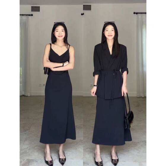 Guo Jiujiu's temperament, elegant and high -end V -neck slimming skirt small black skirt summer wild suit jacket with waist rope Guo Jiujiu's temperament, elegant and high -end V -neck slimming skirt small black skirt summer wild suit jacket with waist rope