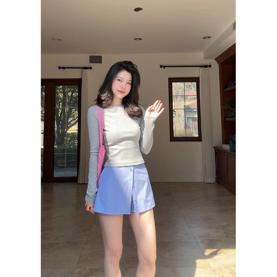 Guo Jiujiu's cotton elastic basic slim long-sleeved T-shirt spring top for women's versatile fake two-piece skirt short skirt
Guo Jiujiu's cotton elastic basic slim long-sleeved T-shirt spring top for women's versatile fake two-piece skirt short skirt