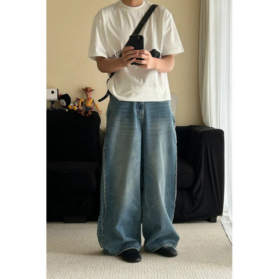 HUIMO retro washable old blue jeans trousers for men and women summer trendy versatile casual loose wide-leg pants HUIMO retro washable old blue jeans trousers for men and women summer trendy versatile casual loose wide-leg pants