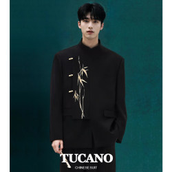 Woodpecker New Chinese Style Men's National Style Bamboo Embroidery Suit Set High-End Handsome Engagement Suit Zhongshan Tang Suit Woodpecker New Chinese Style Men's National Style Bamboo Embroidery Suit Set High-End Handsome Engagement Suit Zhongshan Tang Suit