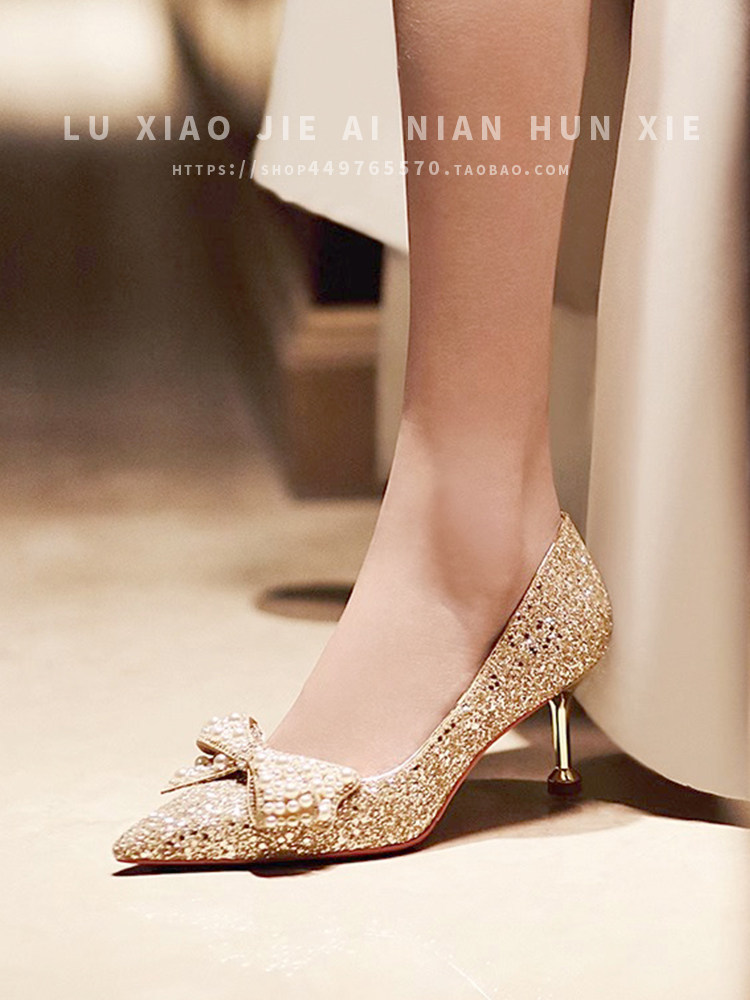 Sequin Bow Wedding Heels Fairy Style Bridal Shoes