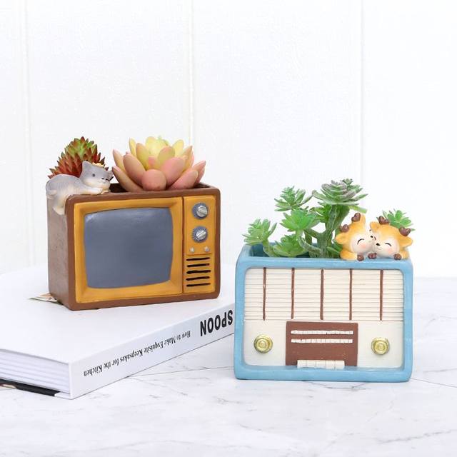 If Retro TV Creative Hand Painted Flowerpot Home Gardening Diy Flower