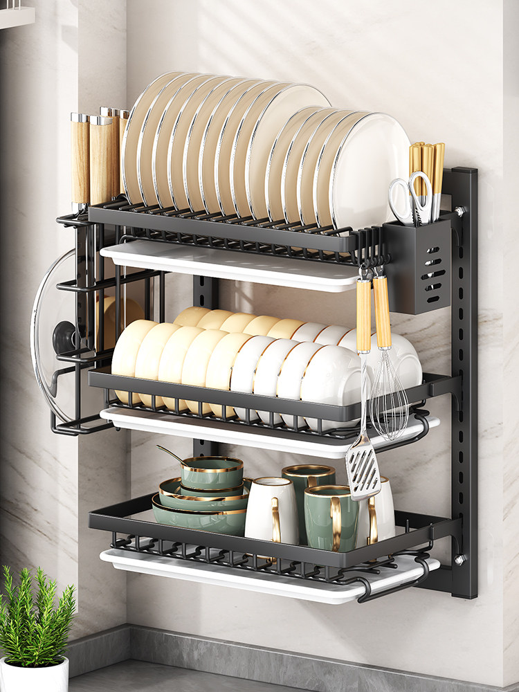 Jie Ge 3-Tier Metal Dish Rack No-Drill Wall Mounted Kitchen Storage