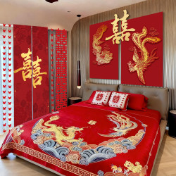 Wedding Room Decoration Set, Wedding Decoration for the Groom's New House, Bride's Bedroom Bedside Kt Board with Double Happiness Character Background, Complete Set Wedding Room Decoration Set, Wedding Decoration for the Groom's New House, Bride's Bedroom Bedside Kt Board with Double Happiness Character Background, Complete Set