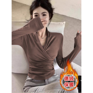 Waist pleated cross V-neck German velvet bottoming shirt for women in autumn and winter new style French high-end slim long-sleeved T-shirt top 
Waist pleated cross V-neck German velvet bottoming shirt for women in autumn and winter new style French high-end slim long-sleeved T-shirt top