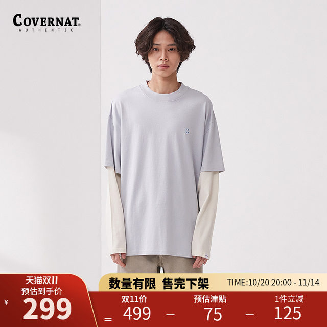 covernat Korean trendy brand men's and women's T-shirt double layer color matching pure cotton comfortable long-sleeved top round neck loose covernat Korean trendy brand men's and women's T-shirt double layer color matching pure cotton comfortable long-sleeved top round neck loose