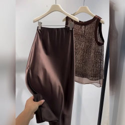 A complete set of outfits for small people, brown vest, acetate dress, casual two-piece suit for women, 2025 new summer A complete set of outfits for small people, brown vest, acetate dress, casual two-piece suit for women, 2025 new summer
