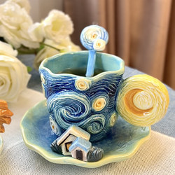 Hand-Painted Van Gogh Poetic Starry Sky Cup Ceramic Cup and Saucer Set Coffee Cup Tea Cup with Spoon Water Cup Flower Set Afternoon Tea Hand-Painted Van Gogh Poetic Starry Sky Cup Ceramic Cup and Saucer Set Coffee Cup Tea Cup with Spoon Water Cup Flower Set Afternoon Tea