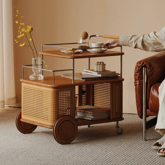 Medium style solid wood rattan mobile trolley living room storage simple dining room stainless steel snack shelf side table
Medium style solid wood rattan mobile trolley living room storage simple dining room stainless steel snack shelf side table