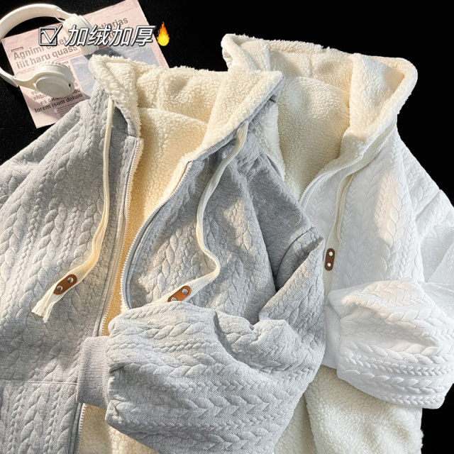 Lamb plush jacket men's Japanese plush plush thickened couple hooded tops Hong Kong style loose autumn and winter cardigan sweater Lamb plush jacket men's Japanese plush plush thickened couple hooded tops Hong Kong style loose autumn and winter cardigan sweater