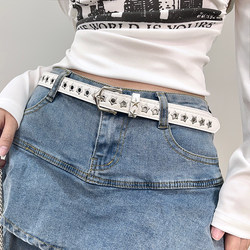 Women's Belt ins No-Punch Hole Design Student Jeans Belt with Star Eyelets Korean Style Fashion Decorative Hollow White Belt Women's Belt ins No-Punch Hole Design Student Jeans Belt with Star Eyelets Korean Style Fashion Decorative Hollow White Belt