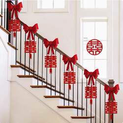 Bow-Knot Stair Railing Decoration for Women's Wedding, Rural New House, Double Happiness Character Garland, Ribbon Hanging Decoration, Wedding Room Decoration Set Bow-Knot Stair Railing Decoration for Women's Wedding, Rural New House, Double Happiness Character Garland, Ribbon Hanging Decoration, Wedding Room Decoration Set