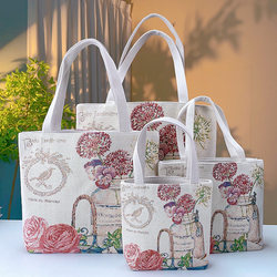 Bottle flower double-sided gold wire jacquard embroidered canvas handbag shoulder bag casual literary student commuting bag Bottle flower double-sided gold wire jacquard embroidered canvas handbag shoulder bag casual literary student commuting bag