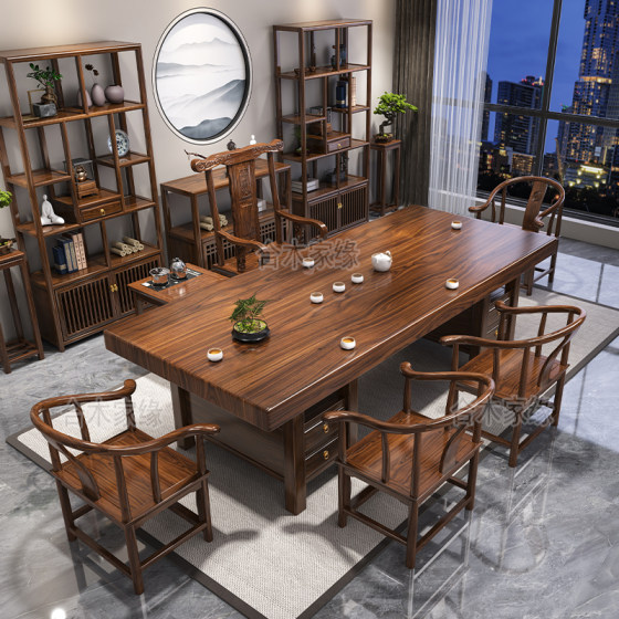 Solid wood large board tea table and chair combination new Chinese style one table and five chairs home office coffee table boiling water storage integrated tea table 
Solid wood large board tea table and chair combination new Chinese style one table and five chairs home office coffee table boiling water storage integrated tea table