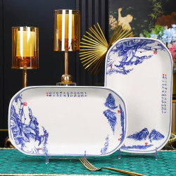 Jingde Guansheng Chinese-Style 30cm Landscape Blue and White Porcelain Household Ceramic Fish Plate Steamed Fish Plate Large Braised Fish Plate Jingde Guansheng Chinese-Style 30cm Landscape Blue and White Porcelain Household Ceramic Fish Plate Steamed Fish Plate Large Braised Fish Plate