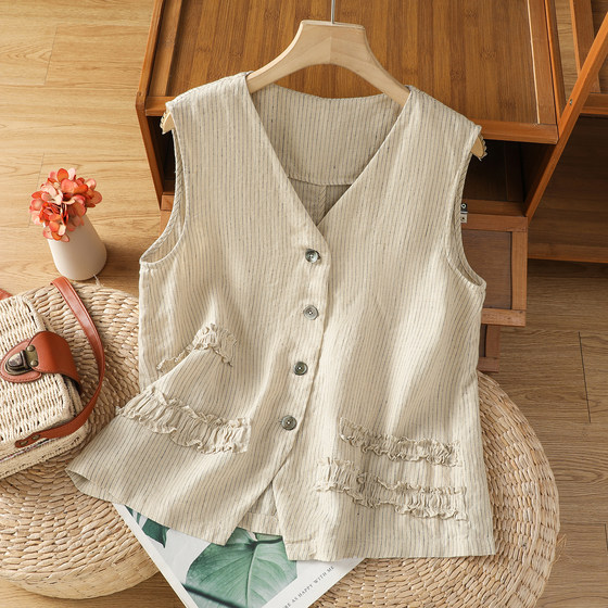 Cotton and linen V-neck suit vest vest women summer design niche black ear spliced sleeveless vest top
Cotton and linen V-neck suit vest vest women summer design niche black ear spliced sleeveless vest top