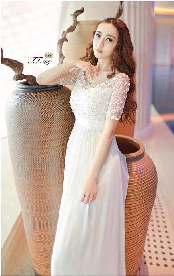 猫大王 菁菁秀优雅女神奢华重工钉珠珍珠蕾丝雪纺拼接连衣裙长裙4