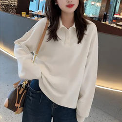 White Polo Collar Long-Sleeve Sweatshirt for Women, 2025 Autumn New Fashion, Loose, Simple, Versatile Top, Lazy Style White Polo Collar Long-Sleeve Sweatshirt for Women, 2025 Autumn New Fashion, Loose, Simple, Versatile Top, Lazy Style