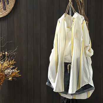 Pure cotton yellow vertical striped long-sleeved thin shirt jacket women's summer new loose and versatile mid-length sun protection shirt 
Pure cotton yellow vertical striped long-sleeved thin shirt jacket women's summer new loose and versatile mid-length sun protection shirt