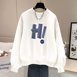 Charcoal Gray HI Letter Round Neck Sweatshirt Women 2024 Charcoal Gray HI Letter Round Neck Sweatshirt Women 2024