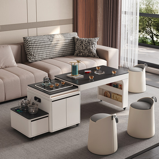 Modern simple solid wood rock-panel tea table combination balcony light luxury household small apartment mobile rotary telescopic tea table Modern simple solid wood rock-panel tea table combination balcony light luxury household small apartment mobile rotary telescopic tea table