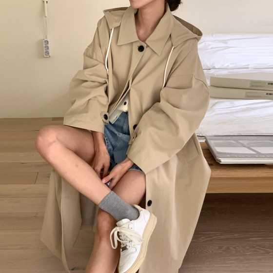 Korean chic autumn retro British style removable hooded single-breasted loose mid-length windbreaker jacket for women Korean chic autumn retro British style removable hooded single-breasted loose mid-length windbreaker jacket for women