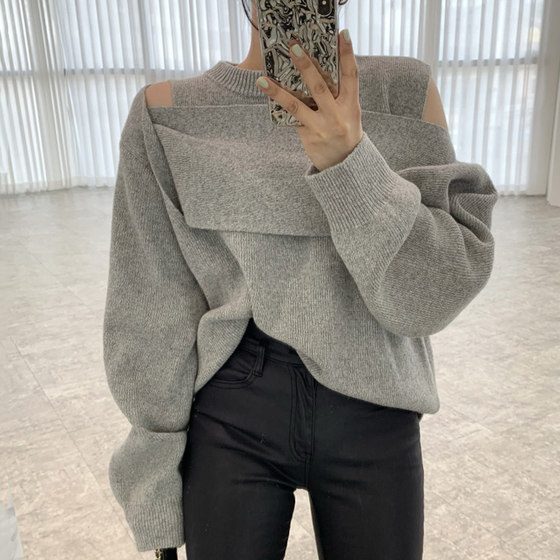 Korean chic niche versatile round neck with layered hollow out off shoulder patchwork design, loose long sleeved knitted sweater for women Korean chic niche versatile round neck with layered hollow out off shoulder patchwork design, loose long sleeved knitted sweater for women