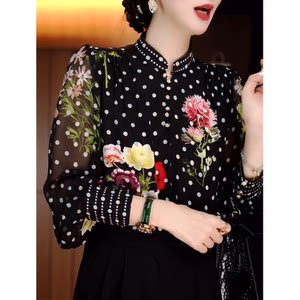 Fashionable and fashionable polka dot printed loose stand-up collar shirt for women in autumn, new slim long sleeves thin temperament top 
Fashionable and fashionable polka dot printed loose stand-up collar shirt for women in autumn, new slim long sleeves thin temperament top