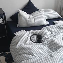 Mist blue striped jacquard navy blue washed cotton pure cotton four-piece set cotton quilt cover sheet 1.8m fitted sheet home textiles Mist blue striped jacquard navy blue washed cotton pure cotton four-piece set cotton quilt cover sheet 1.8m fitted sheet home textiles