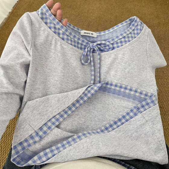 Korean version with larger size 2-300*0.5kg fat mm plaid splicing fake two-piece inner T-shirt slim fitting flesh covering and slimming base shirt
Korean version with larger size 2-300*0.5kg fat mm plaid splicing fake two-piece inner T-shirt slim fitting flesh covering and slimming base shirt