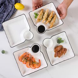 Solid Color Simple Black Line Dumpling Plate, Divided Plate, Dumpling Plate with High Aesthetic Appeal, Underglaze Color, Microwaveable Tableware Solid Color Simple Black Line Dumpling Plate, Divided Plate, Dumpling Plate with High Aesthetic Appeal, Underglaze Color, Microwaveable Tableware