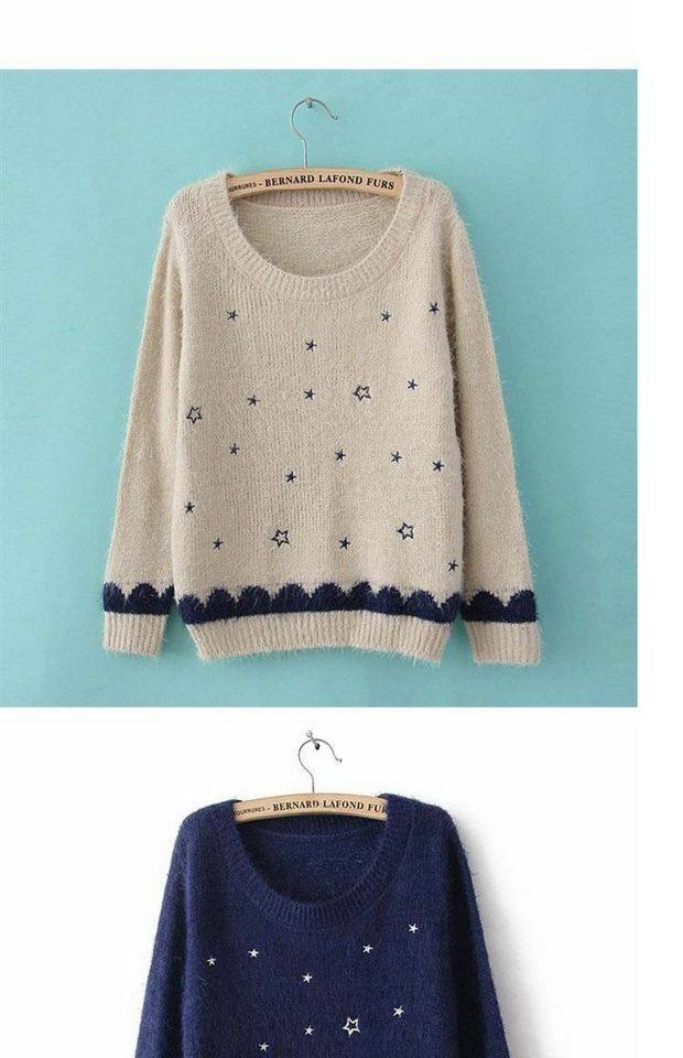 秋冬新款女 学院风小星星马海毛毛衣 宽松套头针织衫长袖毛衣外套