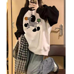New Autumn and Winter American-Style Raglan Sleeve Color-Blocked Fleece-Lined Printed Sweatshirt, Mid-Length, Loose, Lazy Style, Petite Top New Autumn and Winter American-Style Raglan Sleeve Color-Blocked Fleece-Lined Printed Sweatshirt, Mid-Length, Loose, Lazy Style, Petite Top
