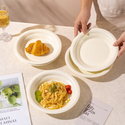 Cream-Colored Ceramic Deep Dish Plate for Home Use, High-End Solid Color Dinner Plate, Square Plate with Underglaze Color Tableware Cream-Colored Ceramic Deep Dish Plate for Home Use, High-End Solid Color Dinner Plate, Square Plate with Underglaze Color Tableware