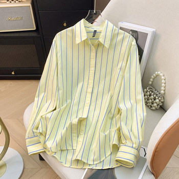 Striped mid-length cotton shirt female celebrity style straight Korean version Striped mid-length cotton shirt female celebrity style straight Korean version