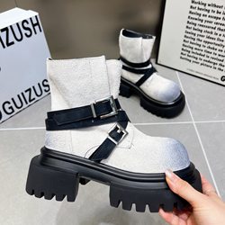 European Genuine Leather Martin Boots Women's Belt Buckle 2025 Autumn New Thick Sole Increased Color-Glossed Short Boots Motorcycle Boots European Genuine Leather Martin Boots Women's Belt Buckle 2025 Autumn New Thick Sole Increased Color-Glossed Short Boots Motorcycle Boots