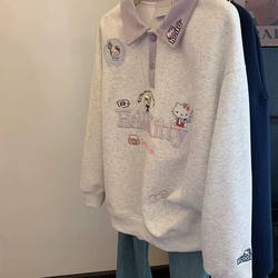 Plus Size 150kg Korean Style Embroidered Polo Collar Sweatshirt for Women, 2025 Autumn Color-Blocking Patchwork Age-Reducing Trendy Top Plus Size 150kg Korean Style Embroidered Polo Collar Sweatshirt for Women, 2025 Autumn Color-Blocking Patchwork Age-Reducing Trendy Top