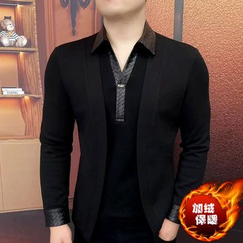Lapel long-sleeved T-shirt men's winter trendy brand thickened handsome fake two-piece velvet thickened casual cardigan sweatshirt Lapel long-sleeved T-shirt men's winter trendy brand thickened handsome fake two-piece velvet thickened casual cardigan sweatshirt